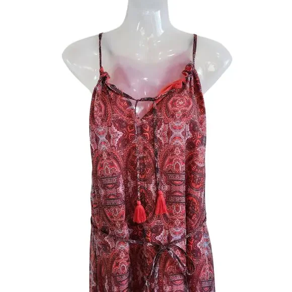 Lucky Brand Paisley Chiffon Overlay Hi Low Tassel Belted Red Size Medium - Picture 3 of 10